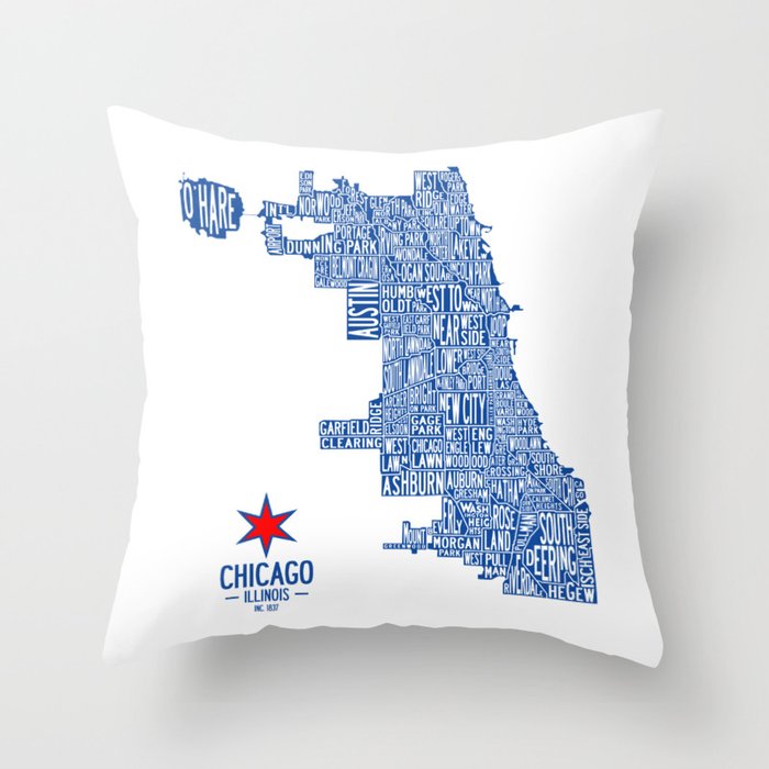 Chicago Neighborhood Map in Blue Throw Pillow Gallery Image 6
