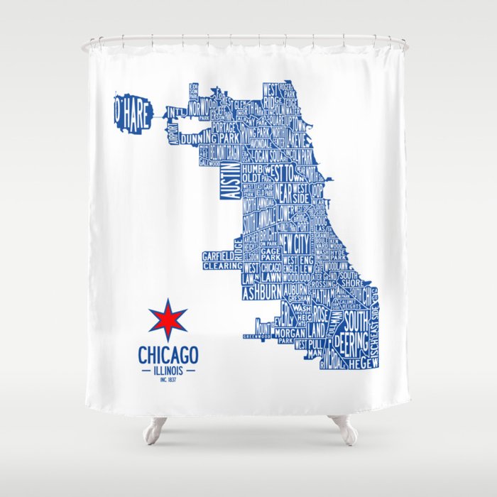 Chicago Neighborhood Map in Blue Shower Curtain Gallery Image 1