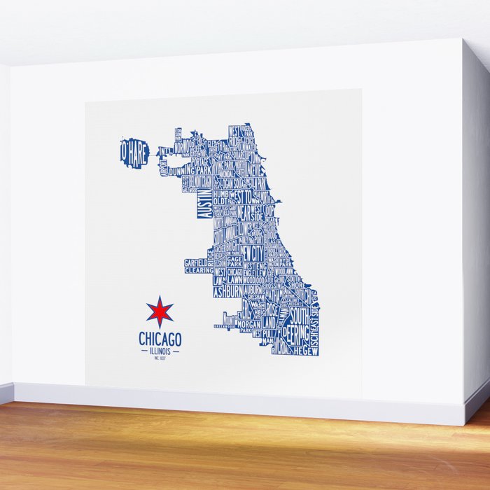 Chicago Neighborhood Map in Blue Wall Mural Gallery Image 2