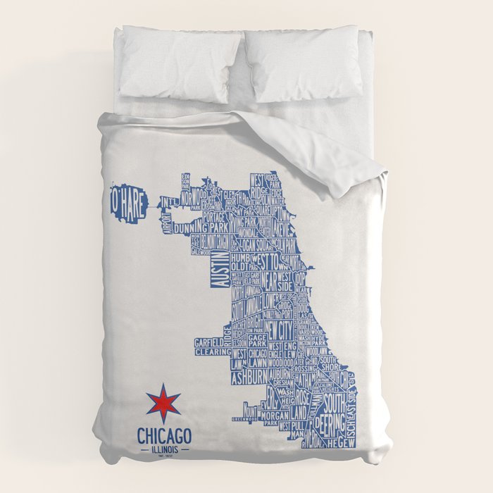 Chicago Neighborhood Map in Blue Duvet Cover Gallery Image 1