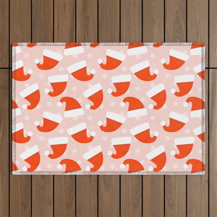 Red Santa Hats & Snowflakes on Linen Pink - Modern Festive Pattern Outdoor Rug Gallery Image 1