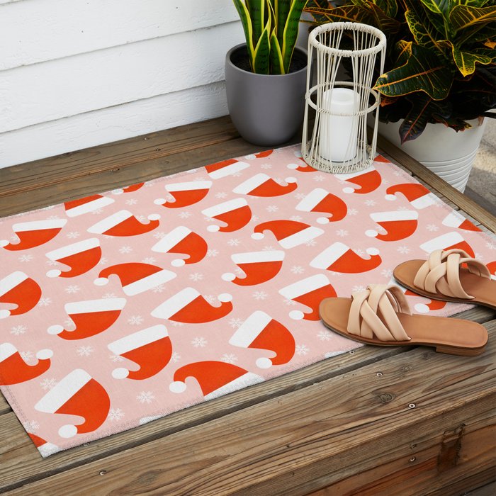 Red Santa Hats & Snowflakes on Linen Pink - Modern Festive Pattern Outdoor Rug Gallery Image 2