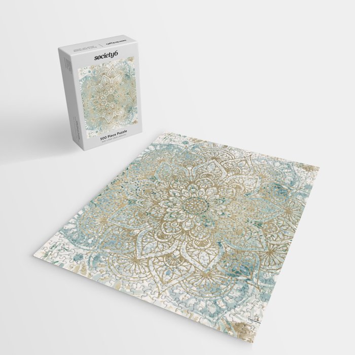 Yoga, Mandala, Teal and Gold, Wall Art Boho Jigsaw Puzzle Gallery Image 2
