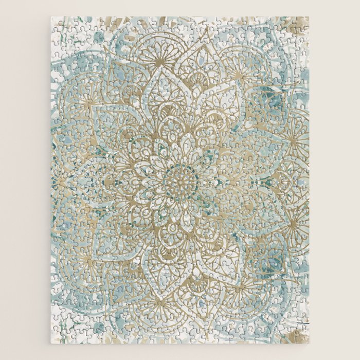 Yoga, Mandala, Teal and Gold, Wall Art Boho Jigsaw Puzzle Gallery Image 1