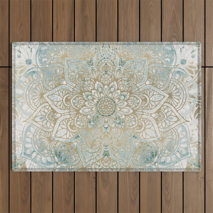 Yoga, Mandala, Teal and Gold, Wall Art Boho Outdoor Rug Gallery Image 1