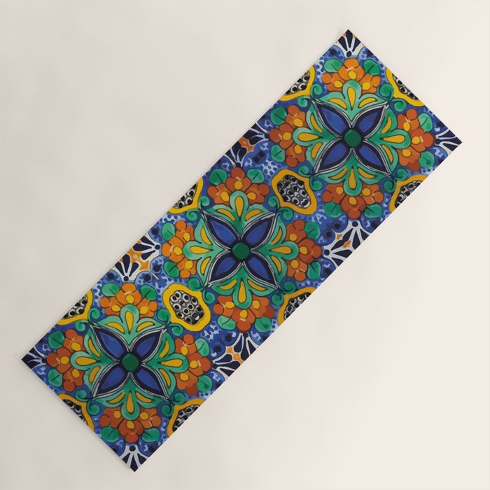 Maximalist leaves mexican flowers talavera pottery blue azulejo tile Yoga Mat Gallery Image 1
