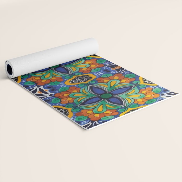 Maximalist leaves mexican flowers talavera pottery blue azulejo tile Yoga Mat Gallery Image 2