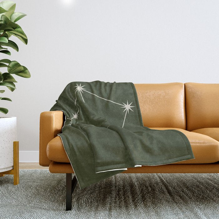 Libra Zodiac Star Constellation Line Art Moss Green Throw Blanket Gallery Image 1