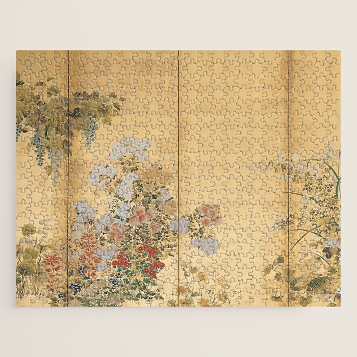 Japanese Edo Period Six-Panel Gold Leaf Screen - Spring and Autumn Flowers Jigsaw Puzzle Gallery Image 1