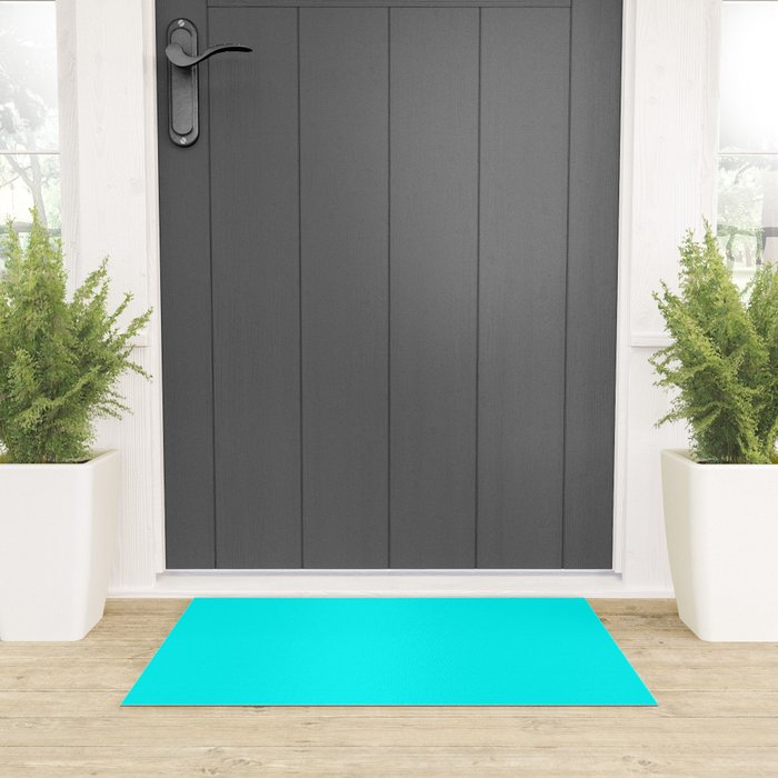 AQUA CYAN Solid Color Plain Neon Blue Shade  Welcome Mat Gallery Image 3