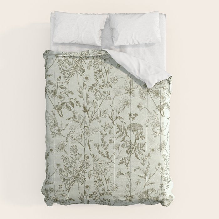 Meadow Floral Herbarium Cottagecore  Botanical Monochromatic Pattern - Pistachio Green  Comforter Gallery Image 6