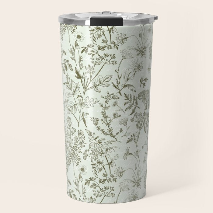 Meadow Floral Herbarium Cottagecore  Botanical Monochromatic Pattern - Pistachio Green  Travel Mug Gallery Image 1