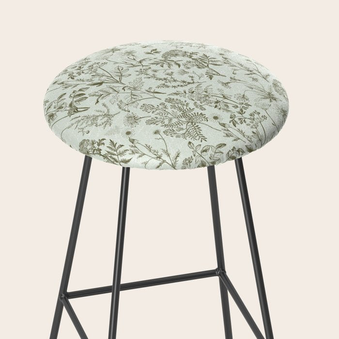 Meadow Floral Herbarium Cottagecore  Botanical Monochromatic Pattern - Pistachio Green  Stool Gallery Image 2
