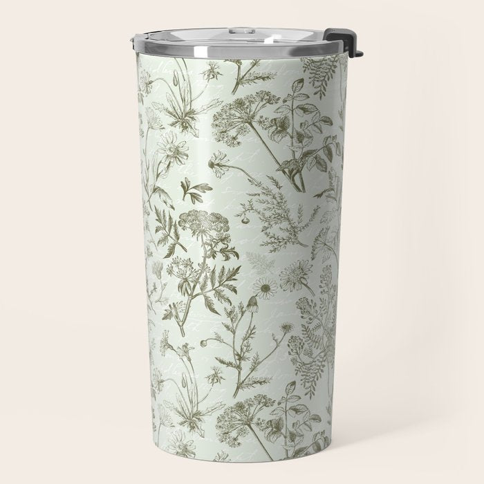 Meadow Floral Herbarium Cottagecore  Botanical Monochromatic Pattern - Pistachio Green  Travel Mug Gallery Image 2