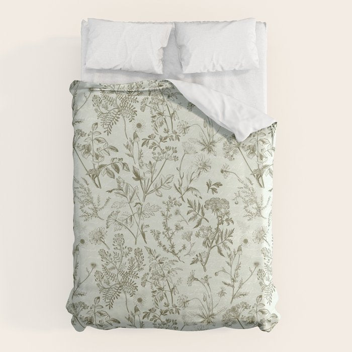 Meadow Floral Herbarium Cottagecore  Botanical Monochromatic Pattern - Pistachio Green  Duvet Cover Gallery Image 6