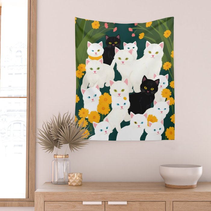 Cats Meetup, Pet Animals Cute Kittens Fall Garden, Halloween Illustration Autumn Quirky Whimsical Painting, Bohemian  Wall Tapestry Gallery Image 2