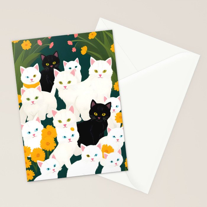 Cats Meetup, Pet Animals Cute Kittens Fall Garden, Halloween Illustration Autumn Quirky Whimsical Painting, Bohemian  Stationery Card Gallery Image 2