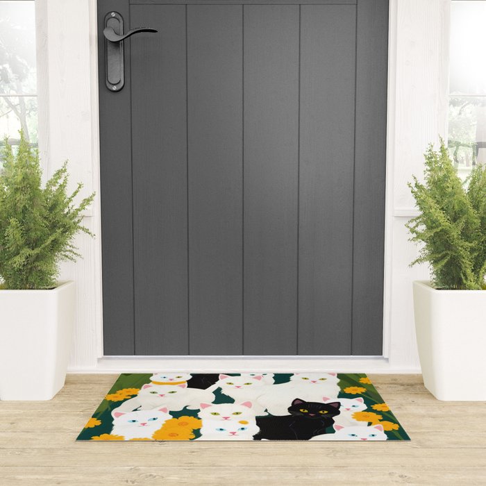 Cats Meetup, Pet Animals Cute Kittens Fall Garden, Halloween Illustration Autumn Quirky Whimsical Painting, Bohemian  Welcome Mat Gallery Image 3
