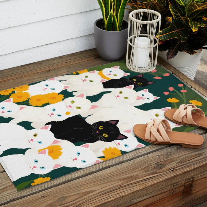 Cats Meetup, Pet Animals Cute Kittens Fall Garden, Halloween Illustration Autumn Quirky Whimsical Painting, Bohemian  Outdoor Rug Gallery Image 2