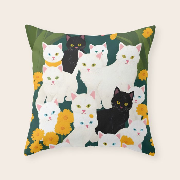 Cats Meetup, Pet Animals Cute Kittens Fall Garden, Halloween Illustration Autumn Quirky Whimsical Painting, Bohemian  Throw Pillow Gallery Image 1