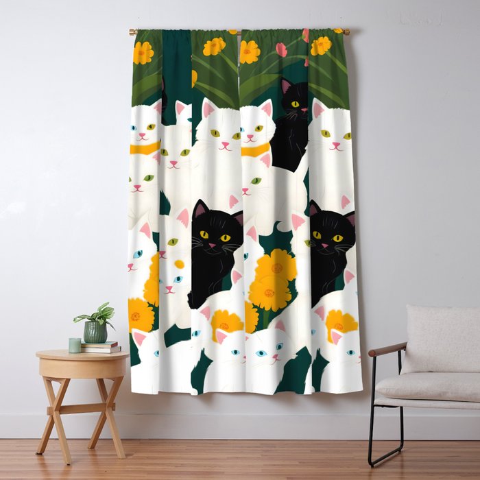 Cats Meetup, Pet Animals Cute Kittens Fall Garden, Halloween Illustration Autumn Quirky Whimsical Painting, Bohemian  Window Curtain Gallery Image 5
