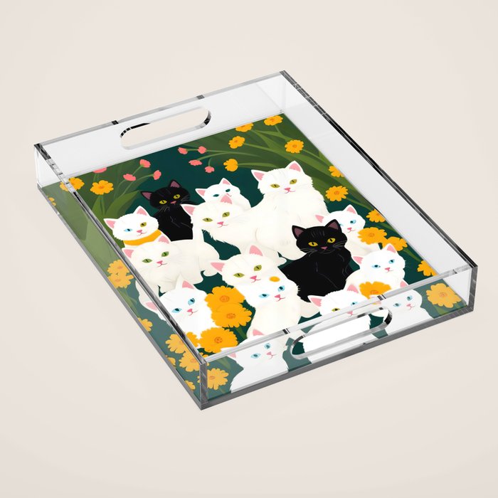 Cats Meetup, Pet Animals Cute Kittens Fall Garden, Halloween Illustration Autumn Quirky Whimsical Painting, Bohemian  Acrylic Tray Gallery Image 1