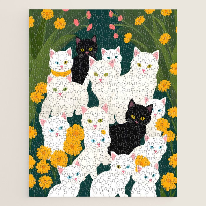 Cats Meetup, Pet Animals Cute Kittens Fall Garden, Halloween Illustration Autumn Quirky Whimsical Painting, Bohemian  Jigsaw Puzzle Gallery Image 1