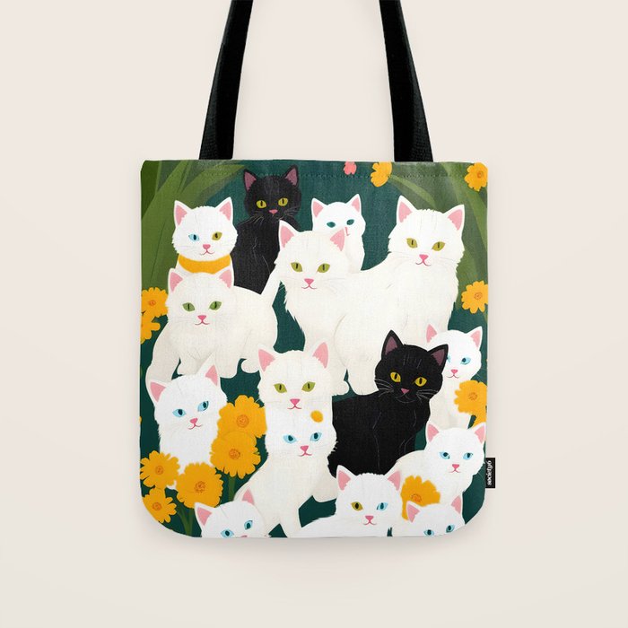 Cats Meetup, Pet Animals Cute Kittens Fall Garden, Halloween Illustration Autumn Quirky Whimsical Painting, Bohemian  Tote Bag Gallery Image 1