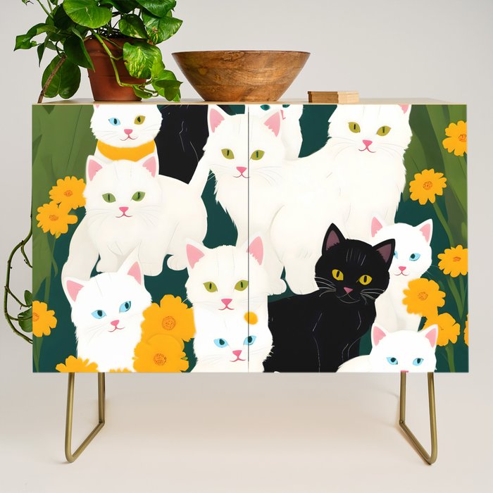 Cats Meetup, Pet Animals Cute Kittens Fall Garden, Halloween Illustration Autumn Quirky Whimsical Painting, Bohemian  Credenza Gallery Image 1