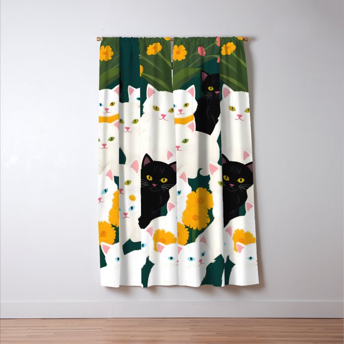 Cats Meetup, Pet Animals Cute Kittens Fall Garden, Halloween Illustration Autumn Quirky Whimsical Painting, Bohemian  Window Curtain Gallery Image 3