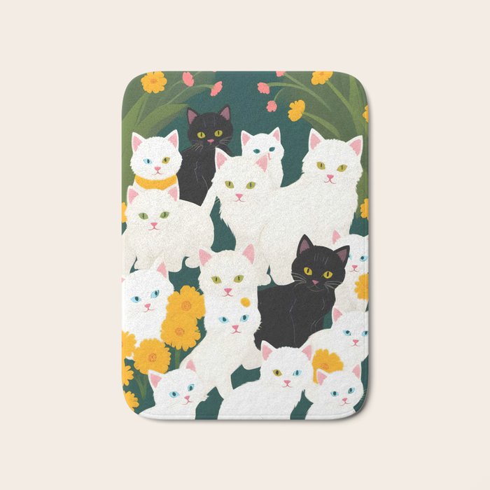 Cats Meetup, Pet Animals Cute Kittens Fall Garden, Halloween Illustration Autumn Quirky Whimsical Painting, Bohemian  Bath Mat Gallery Image 1