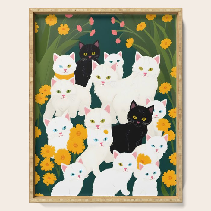 Cats Meetup, Pet Animals Cute Kittens Fall Garden, Halloween Illustration Autumn Quirky Whimsical Painting, Bohemian  Serving Tray Gallery Image 1