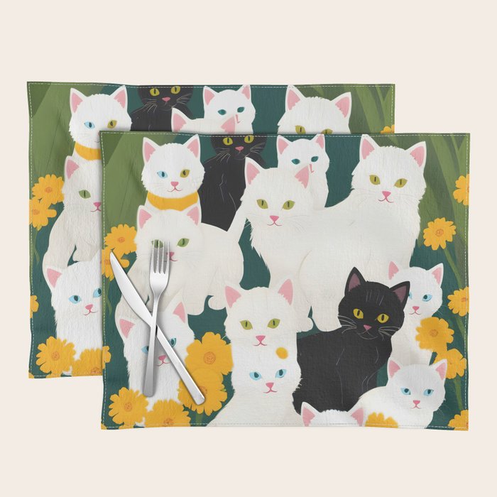 Cats Meetup, Pet Animals Cute Kittens Fall Garden, Halloween Illustration Autumn Quirky Whimsical Painting, Bohemian  Placemat Gallery Image 1
