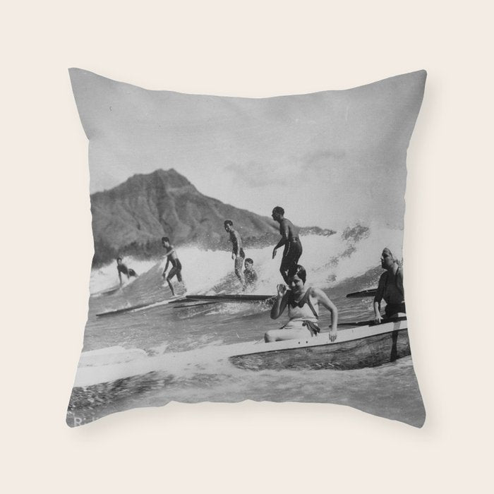 Vintage Surfing Hawaii Throw Pillow Gallery Image 1