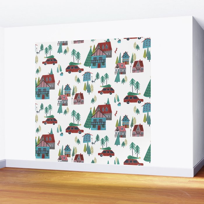 Skiing Winter Village Wall Mural Gallery Image 2