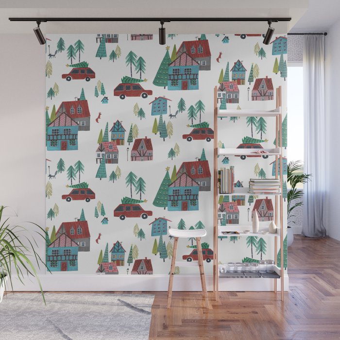 Skiing Winter Village Wall Mural Gallery Image 1