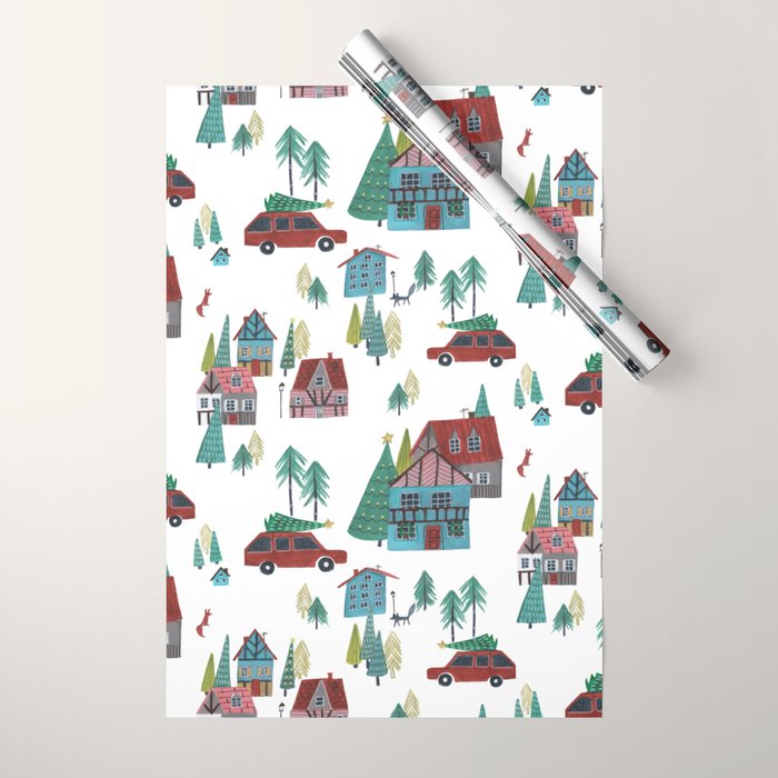 Skiing Winter Village Wrapping Paper