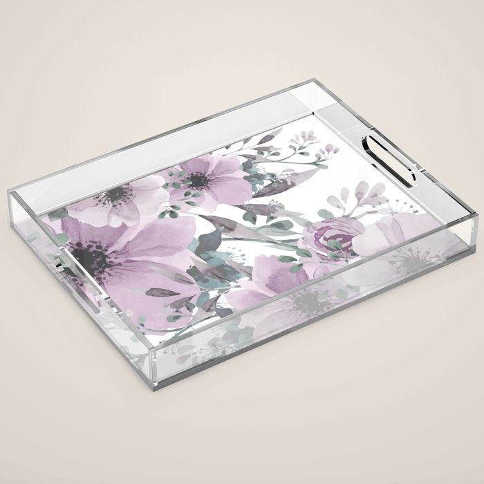 Floral Watercolor, Purple and Gray Acrylic Tray Gallery Image 1