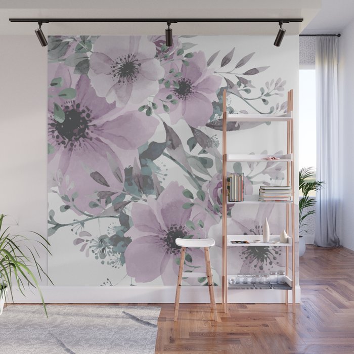 Floral Watercolor, Purple and Gray Wall Mural Gallery Image 1