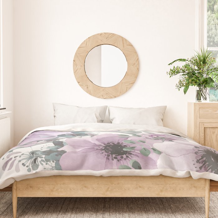 Floral Watercolor, Purple and Gray Duvet Cover Gallery Image 3