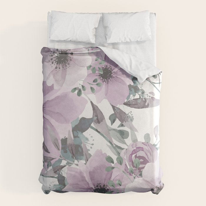 Floral Watercolor, Purple and Gray Duvet Cover Gallery Image 1
