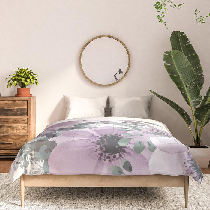 Floral Watercolor, Purple and Gray Comforter Gallery Image 3