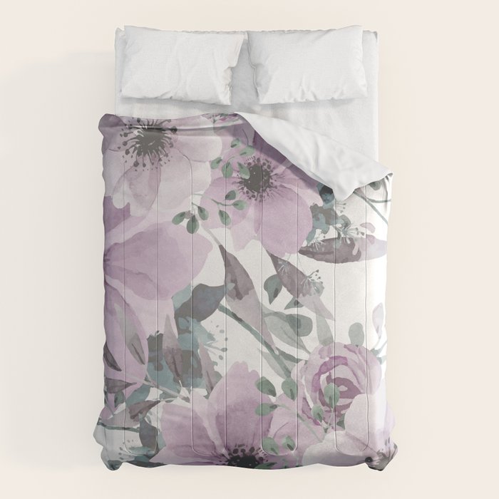Floral Watercolor, Purple and Gray Comforter Gallery Image 1