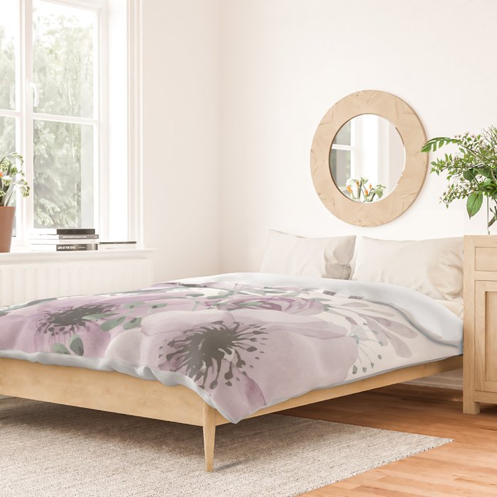 Floral Watercolor, Purple and Gray Duvet Cover Gallery Image 2