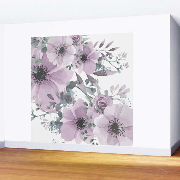 Floral Watercolor, Purple and Gray Wall Mural Gallery Image 2
