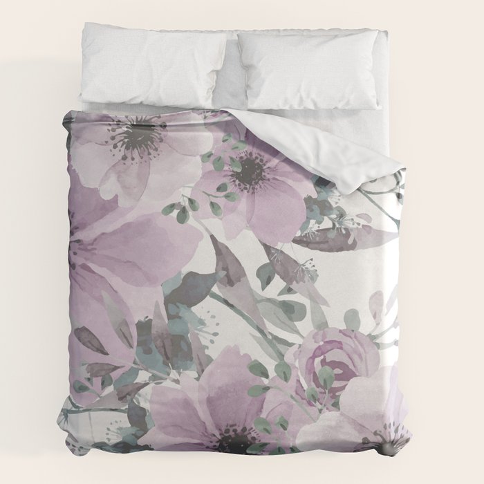 Floral Watercolor, Purple and Gray Duvet Cover Gallery Image 7