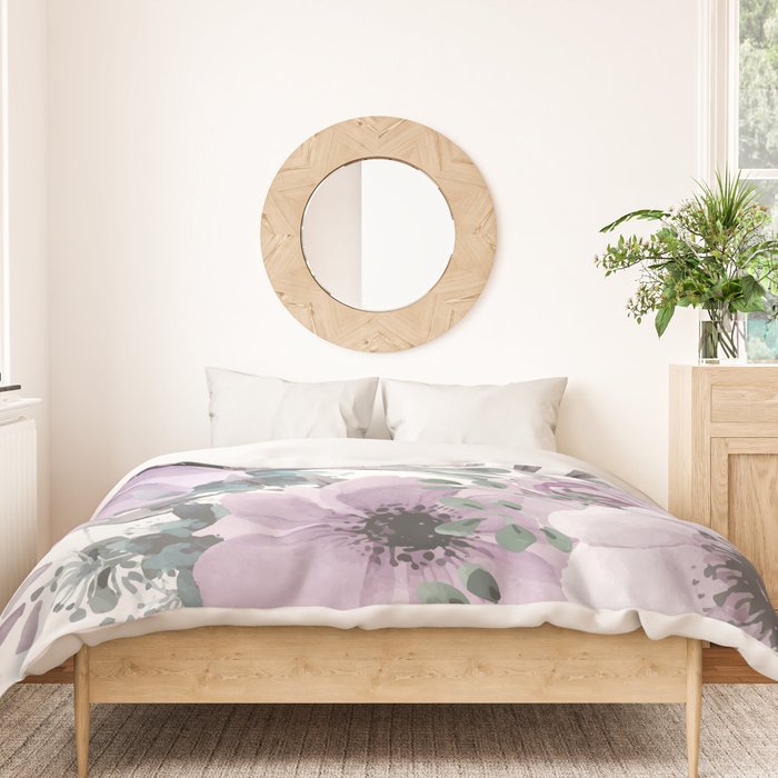 Floral Watercolor, Purple and Gray Duvet Cover Gallery Image 3