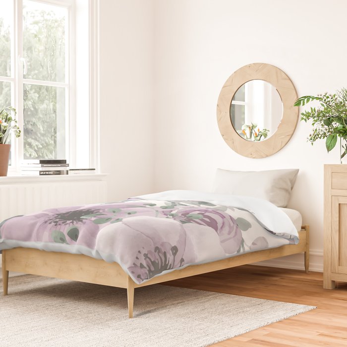 Floral Watercolor, Purple and Gray Duvet Cover Gallery Image 2