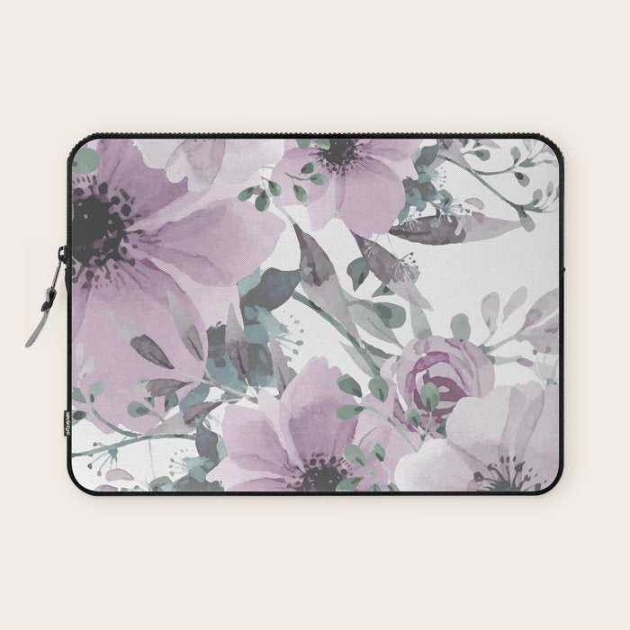 Floral Watercolor, Purple and Gray Laptop Sleeve Gallery Image 1
