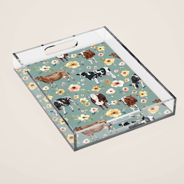 Cows and Flowers on Country Blue, Yellow Flowers, Cow Floral, Pink Flowers Acrylic Tray Gallery Image 1
